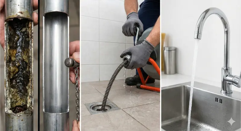 قبل و بعد از جرم گیری لوله چدنی قدیمی